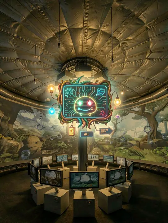 Candidate 10: a retro, organic, quirky AI helper holographic image hovers in the center of the column